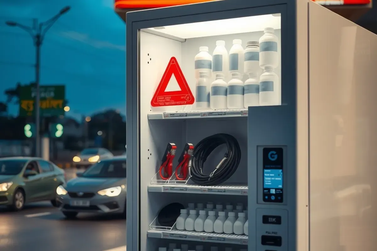 Automotive emergency vending machine under a petrol pump canopy on an Indian highway at dusk