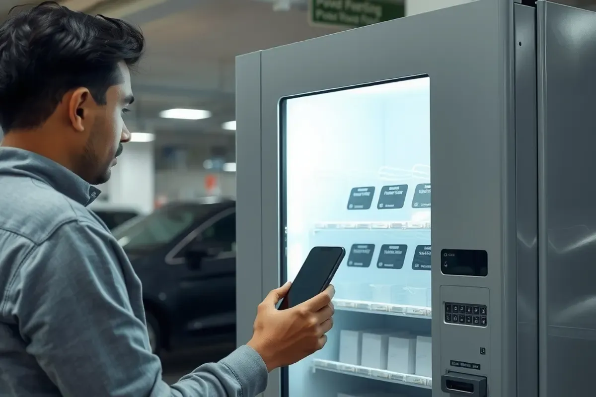 Driver paying by UPI QR code at an automotive emergency vending machine in a city car parking facility