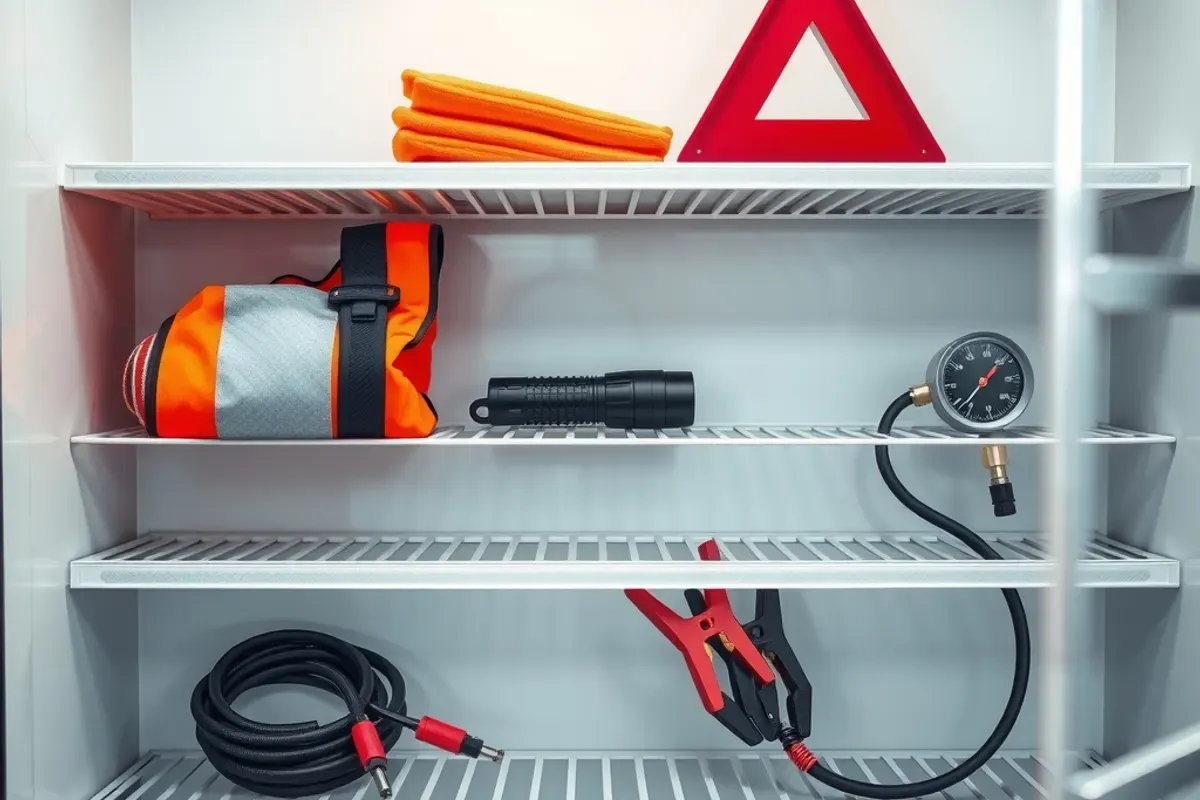 Shelves inside an automotive emergency vending machine holding a warning triangle, torch, safety vest, tyre gauge and jumper cables