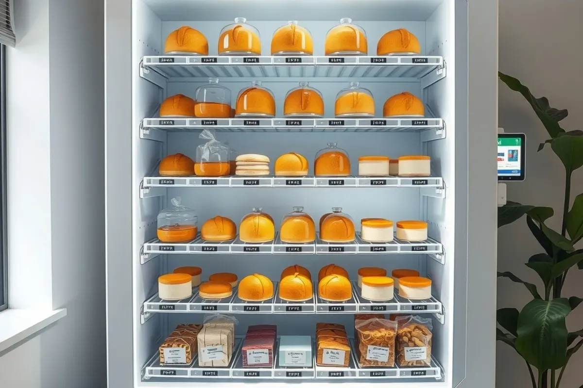 Bakery vending machine with packaged muffins, cake slices and croissants on glass shelves in a bright Indian office pantry