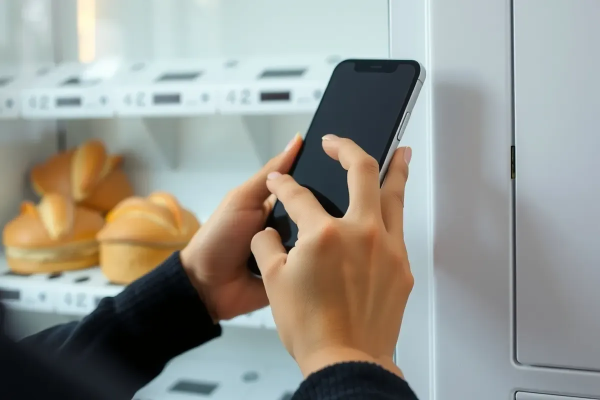 Customer paying by smartphone at a bakery vending machine with croissants and buns visible behind the glass