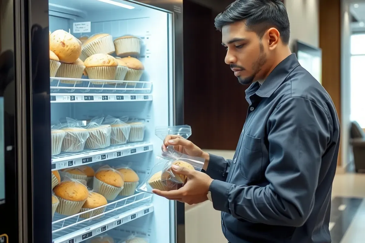 Service technician restocking packaged muffins onto the shelves of a bakery vending machine in a hotel lobby