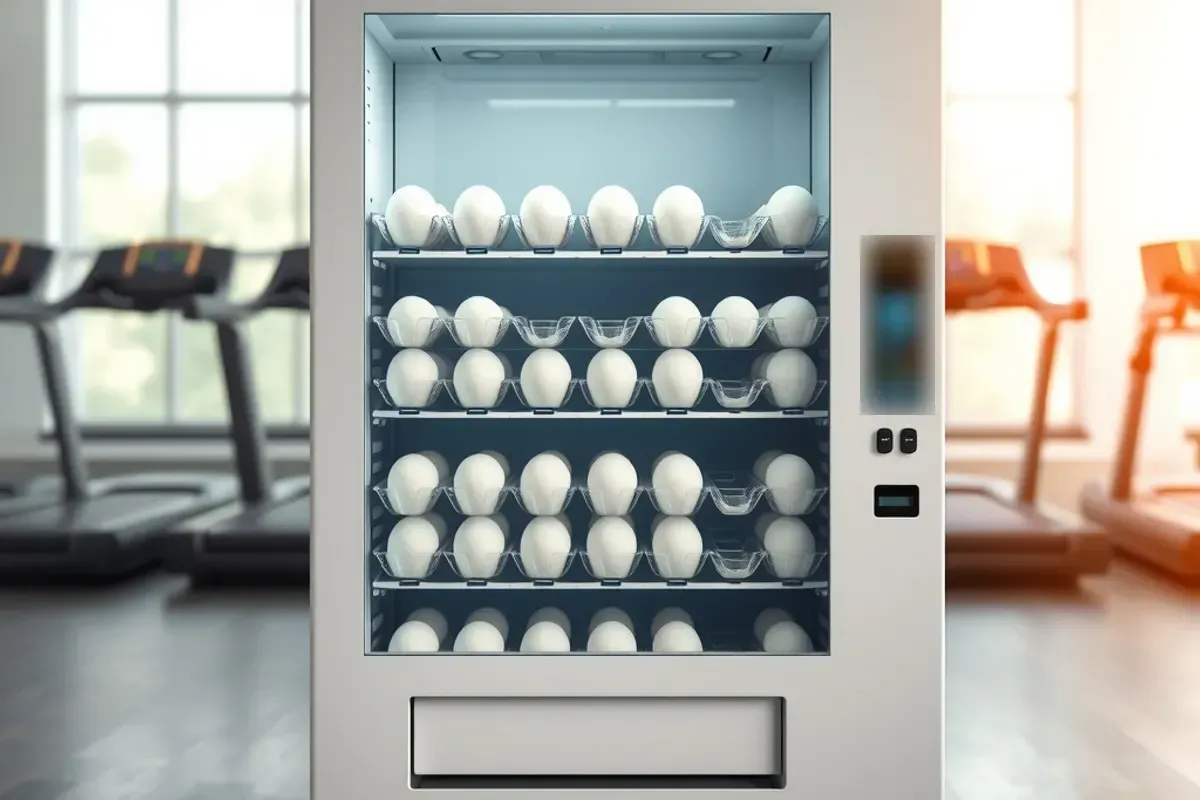 Boiled egg vending machine with chilled egg packs near a gym entrance in India