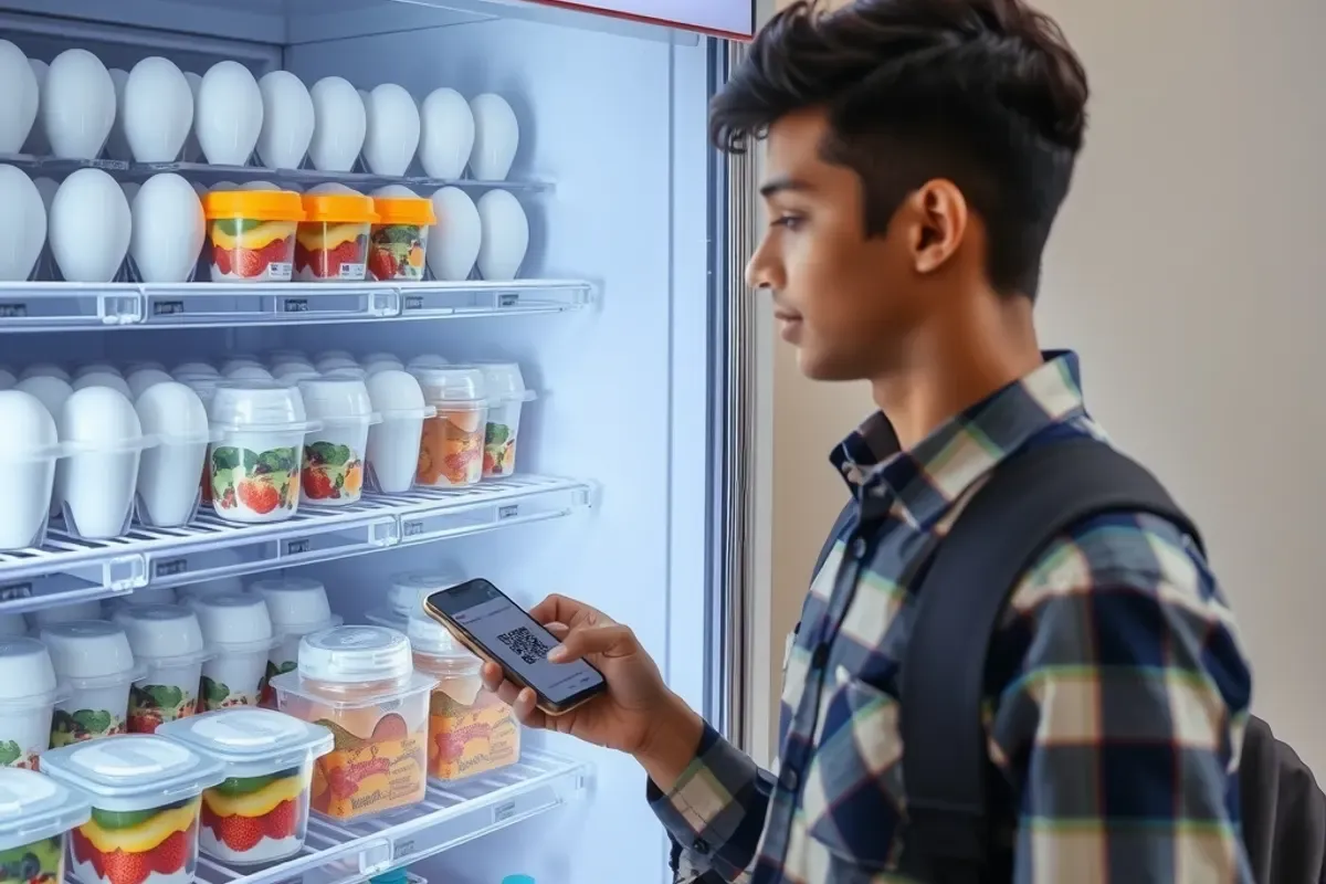 Students in an Indian college hostel buying a chilled snack pack from a vending machine using UPI