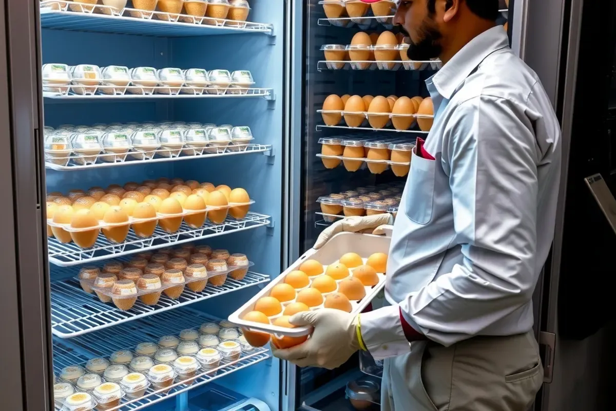 Operator in gloves restocking chilled sealed egg packs into a refrigerated vending machine