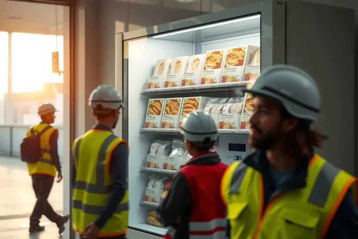 Breakfast vending machine near a factory canteen entrance during an early shift change