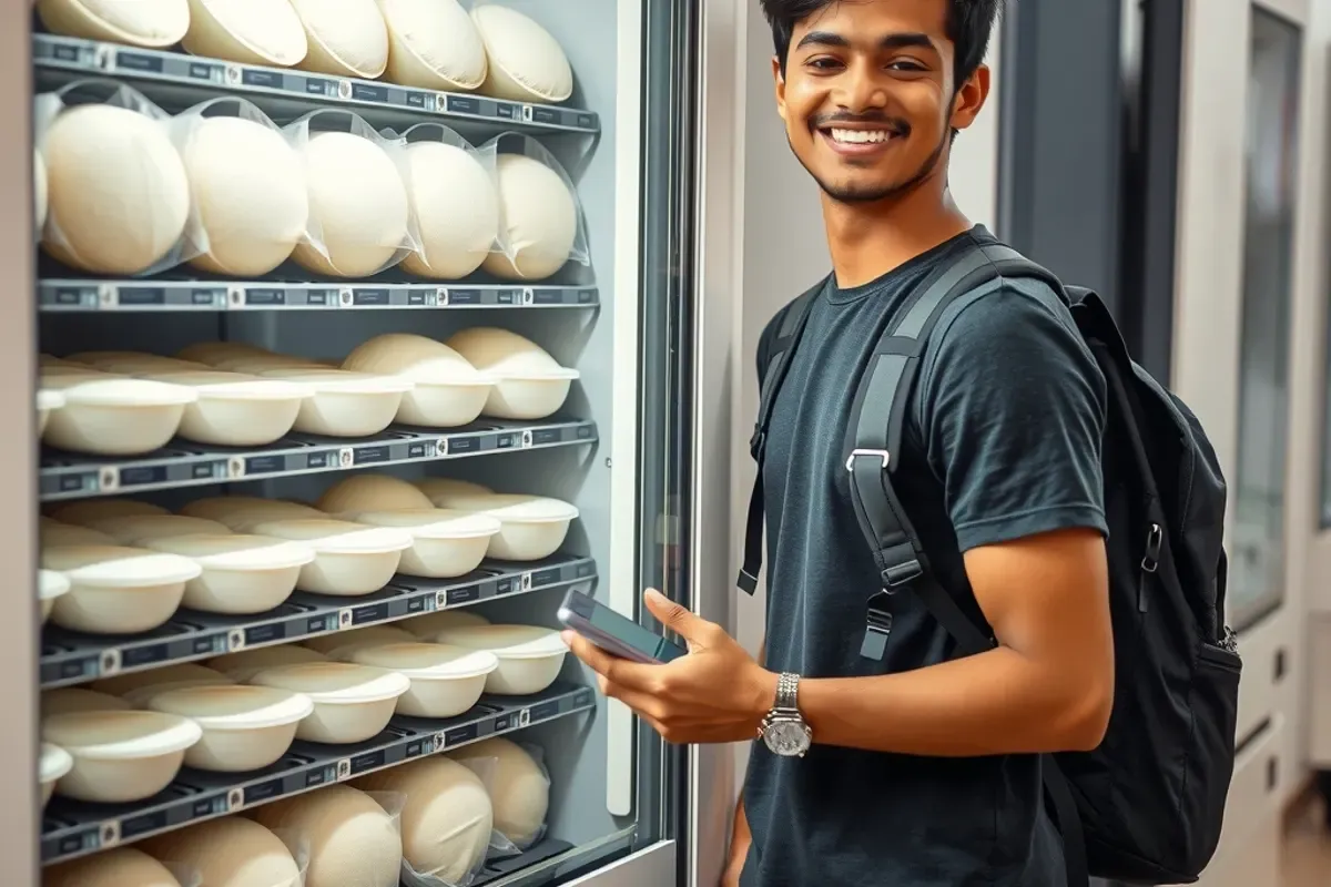 Student with a smartphone beside a breakfast machine stocked with sealed idli packs in a hostel common room