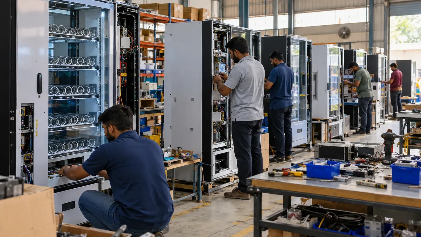 Technicians assemble and test vending machines in a bright workshop.