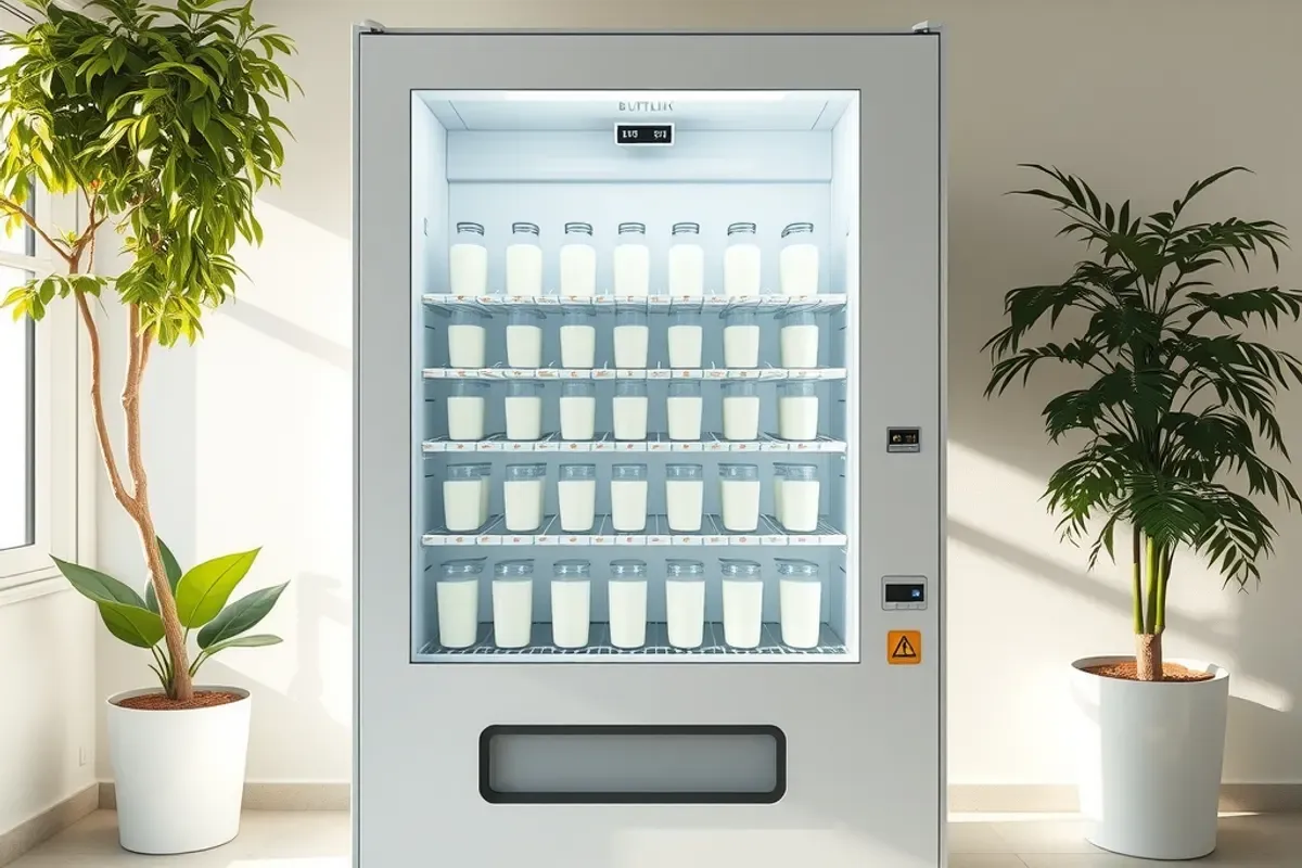 Chilled buttermilk vending machine stocked with bottles of lassi and chaas in a bright Indian office cafeteria