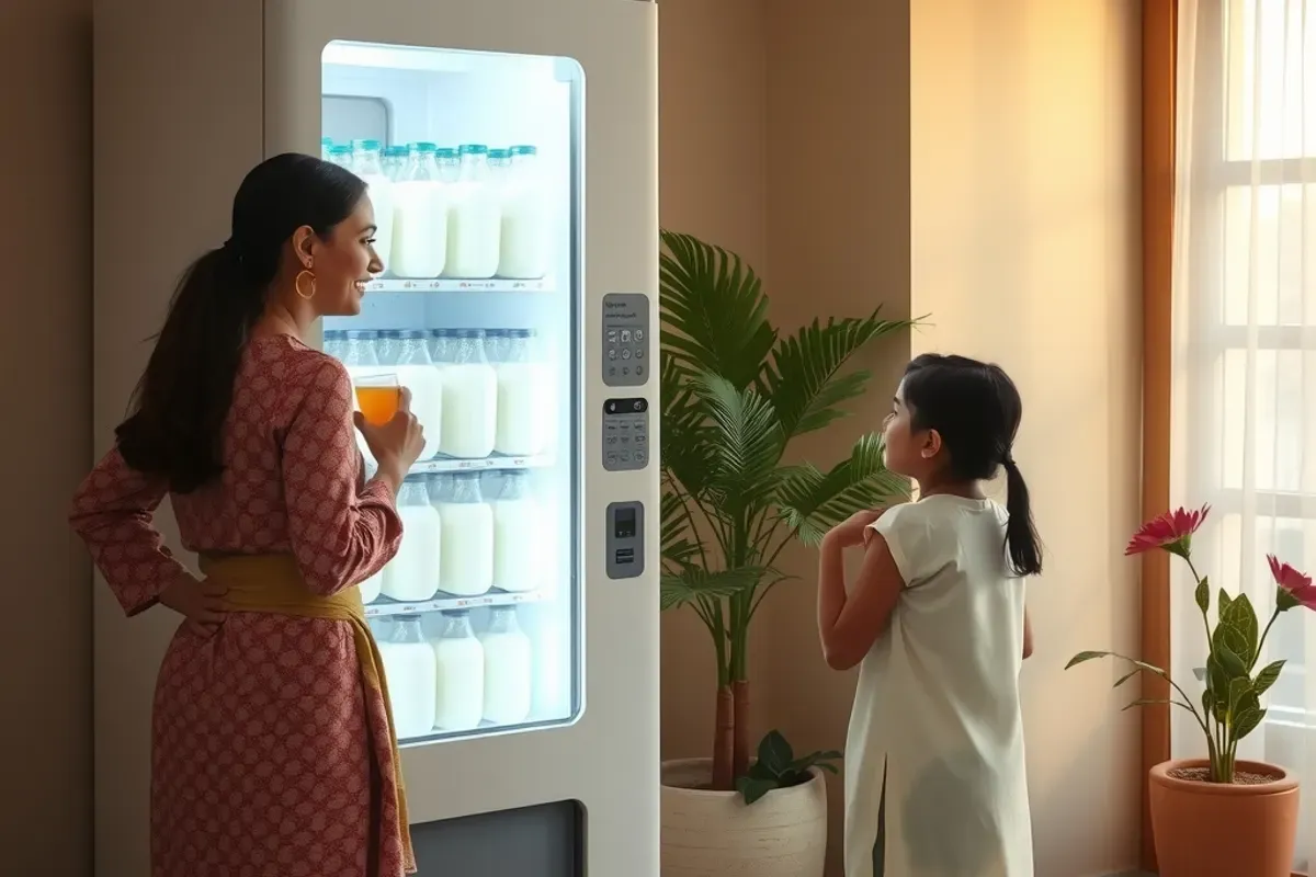 Indian mother and daughter choosing a drink at a chilled lassi and buttermilk vending machine in a housing society lobby