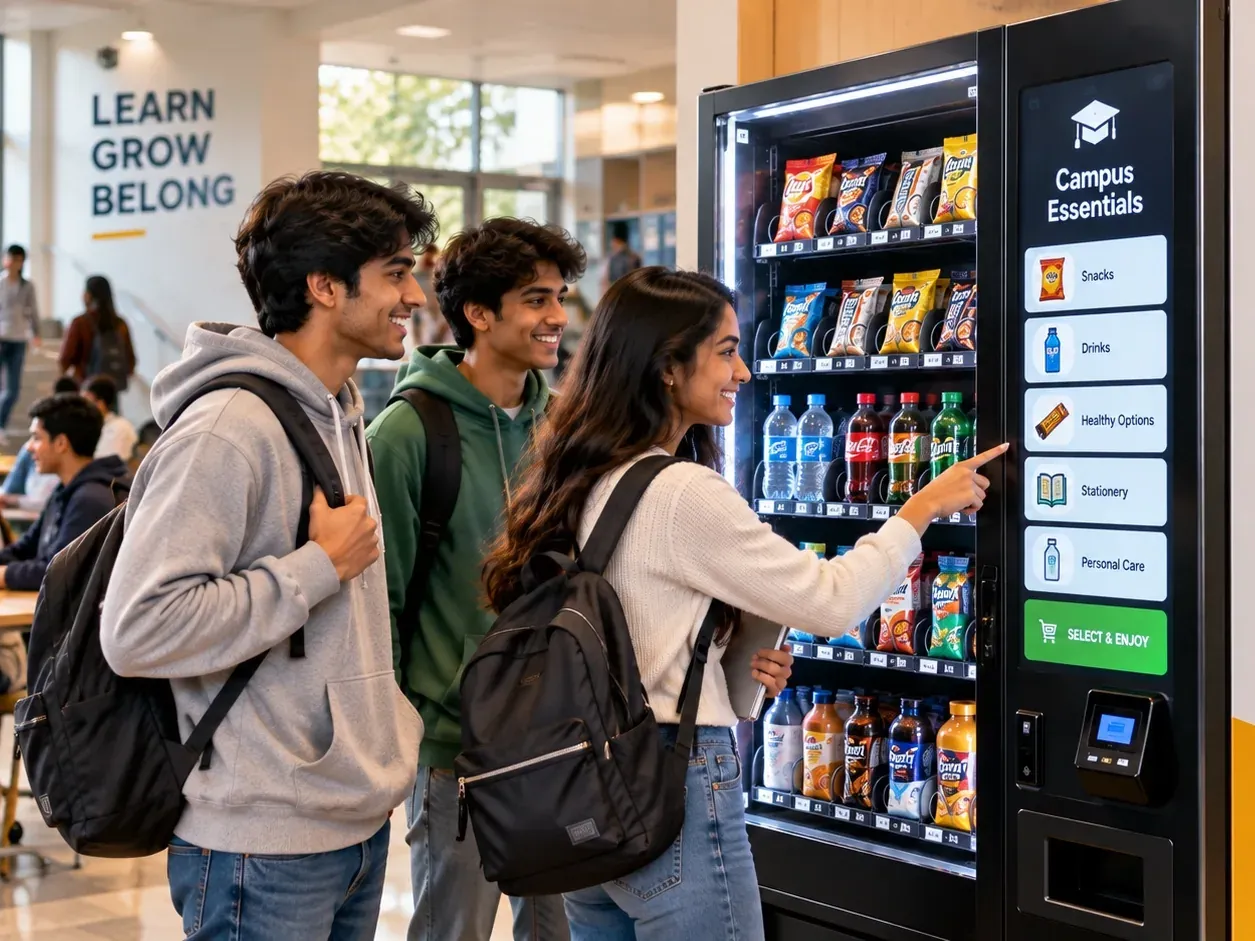 Three college students pick snacks on the touchscreen of a campus-essentials vending machine in a bright student lounge.