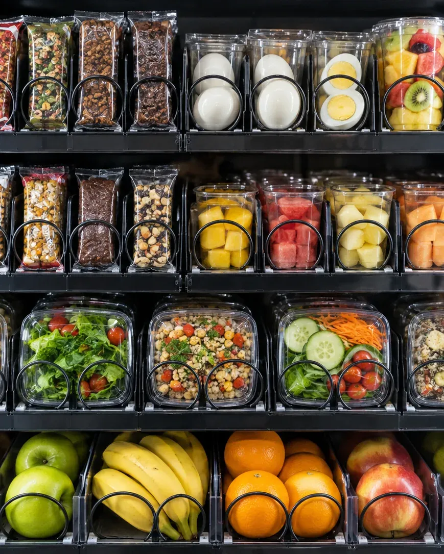 Health & fitness products arranged for a vending-machine category display