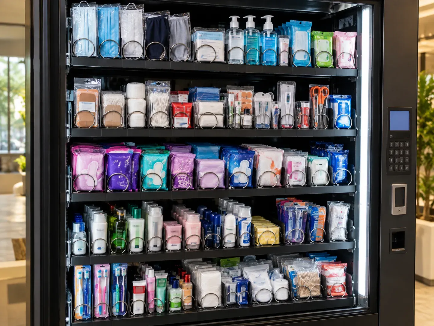 Healthcare & hygiene products arranged for a vending-machine category display