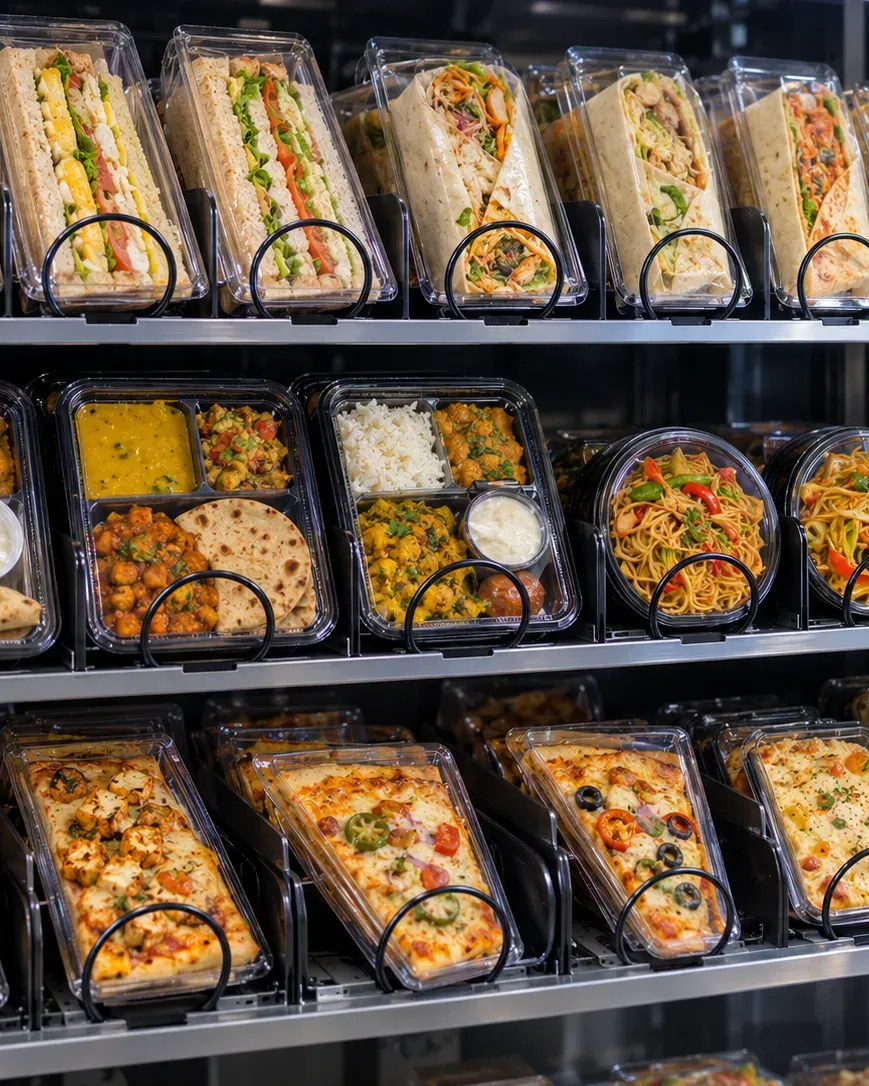 Meals products arranged for a vending-machine category display