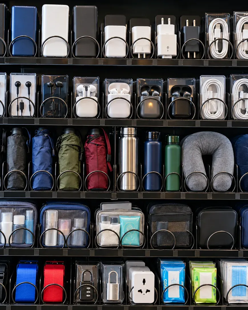 Travel & tech products arranged for a vending-machine category display