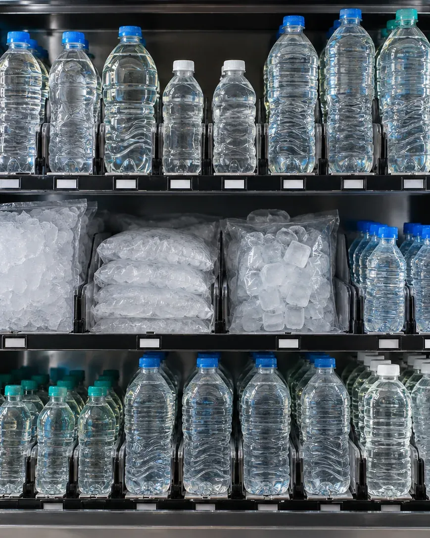 Water & ice products arranged for a vending-machine category display