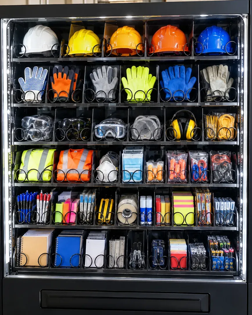 Workplace & safety products arranged for a vending-machine category display