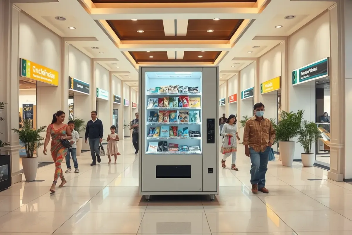 Chocolate vending machine with a glass front in a busy Indian shopping mall corridor