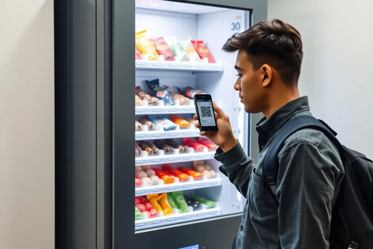 Office worker paying by phone at a chocolate vending machine in an office pantry