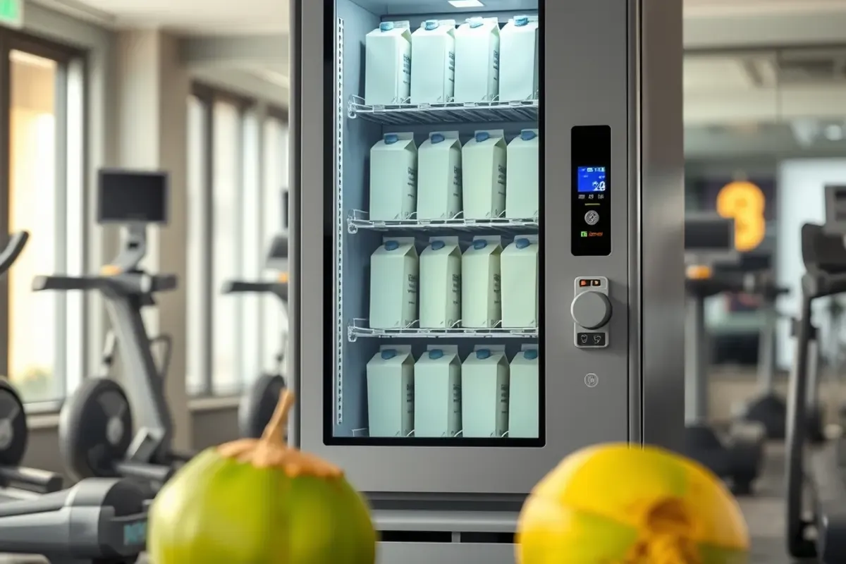 Chilled coconut water vending machine stocked with packaged cartons in an Indian gym, with tender coconuts nearby