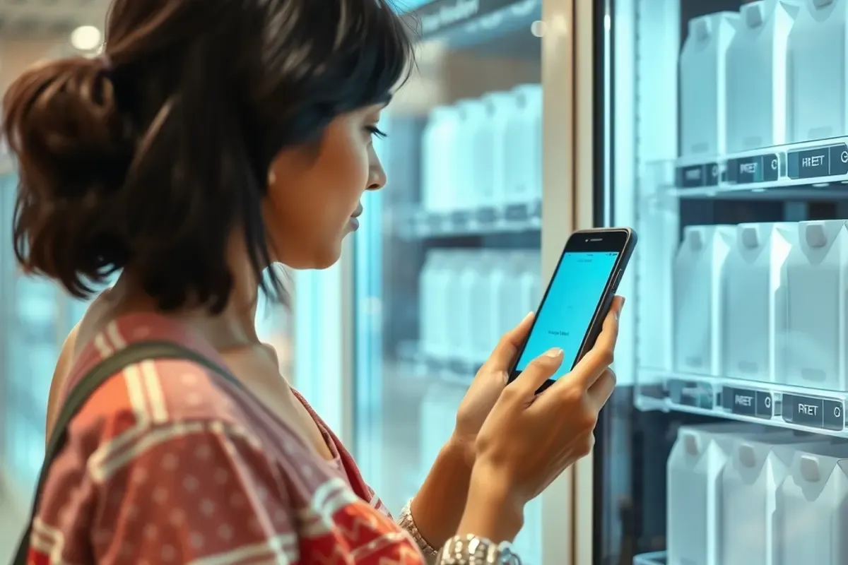 Indian traveller paying by UPI QR code at a coconut water vending machine in an airport terminal