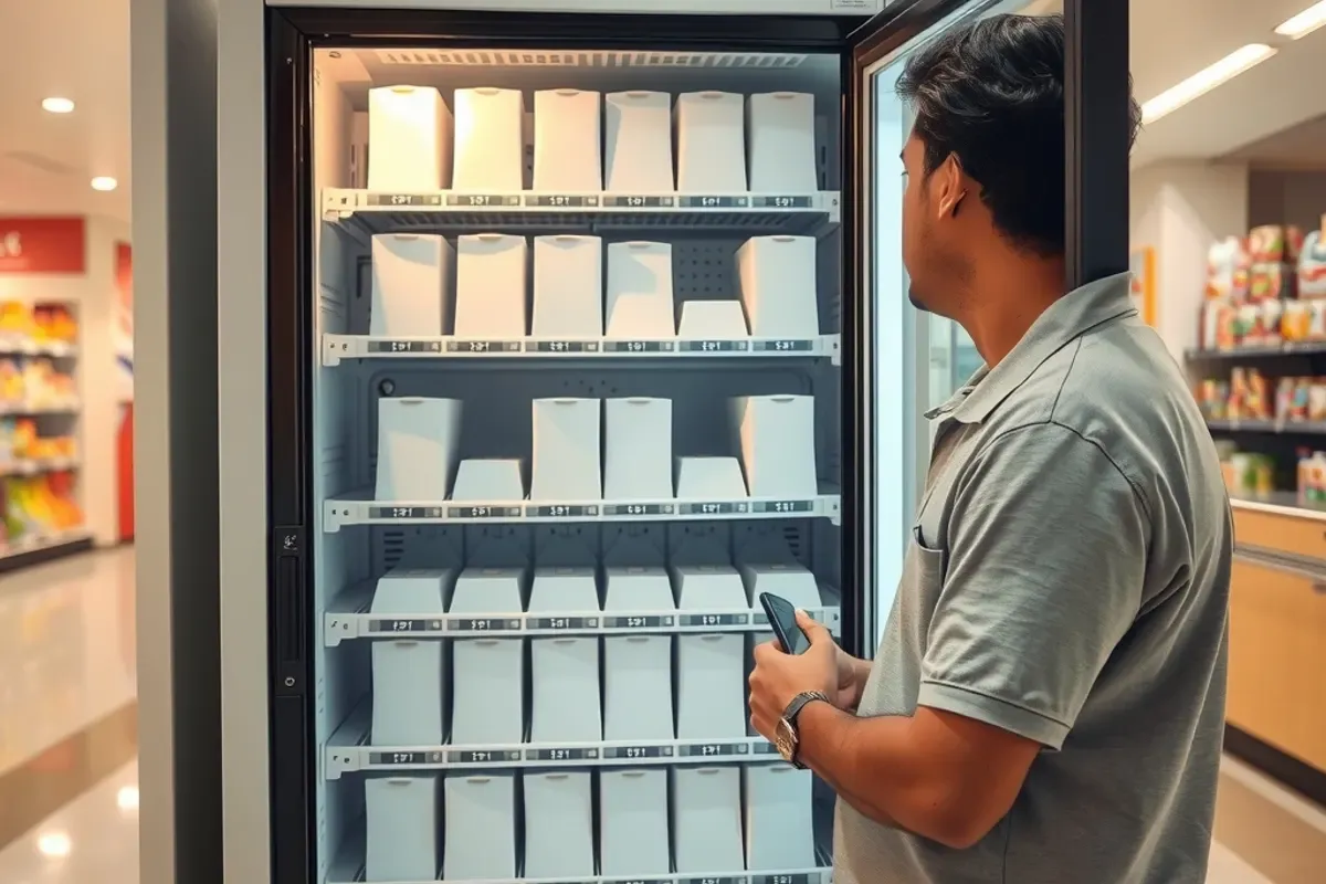 Service worker checking stock levels in an open coconut water vending machine in an Indian mall