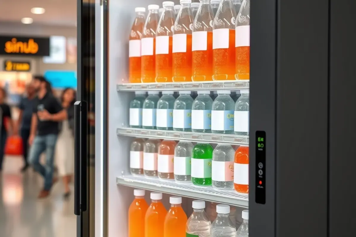 Cold beverage vending machine with chilled bottles of water and juice in a bright Indian shopping mall
