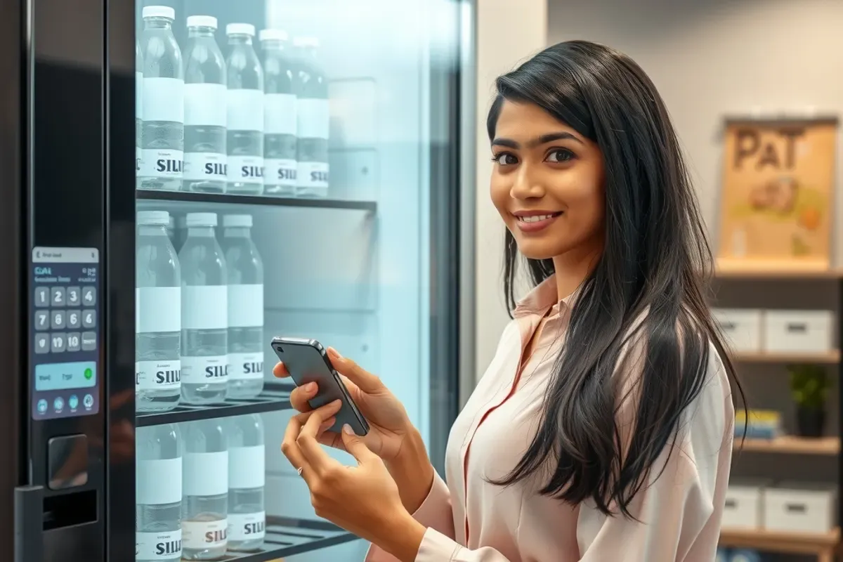 Office worker paying by phone at a cold beverage vending machine in a modern Indian office pantry