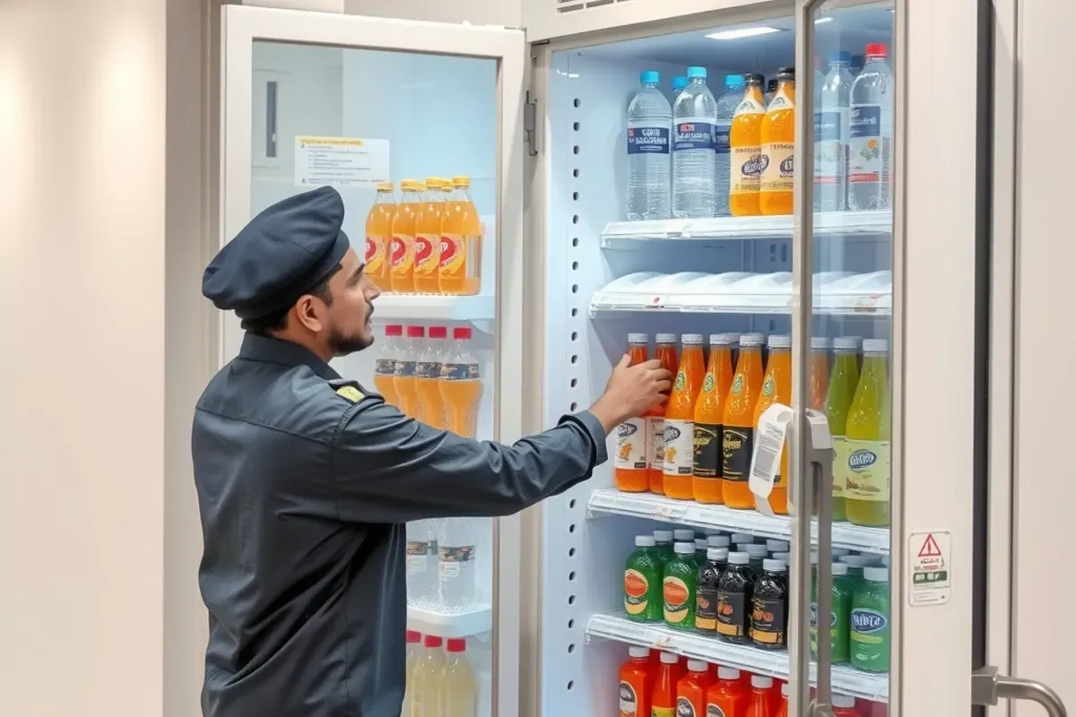 Technician restocking chilled water and juice bottles in an open refrigerated vending machine in an Indian office lobby