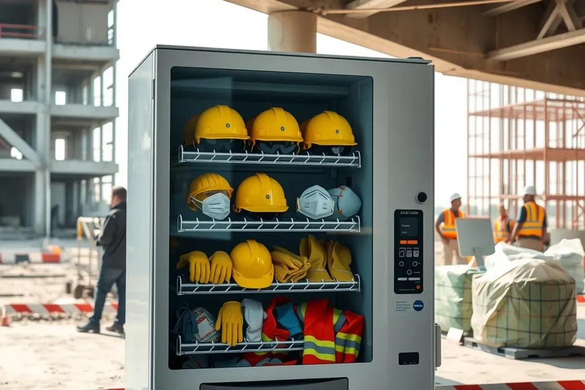 Construction safety vending machine stocked with yellow helmets, gloves, masks and reflective vests at an Indian building site