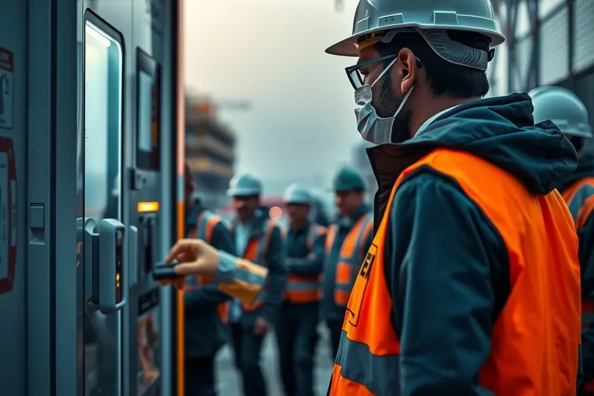 Indian construction worker in a reflective vest using an ID card at a construction safety vending machine at the site gate