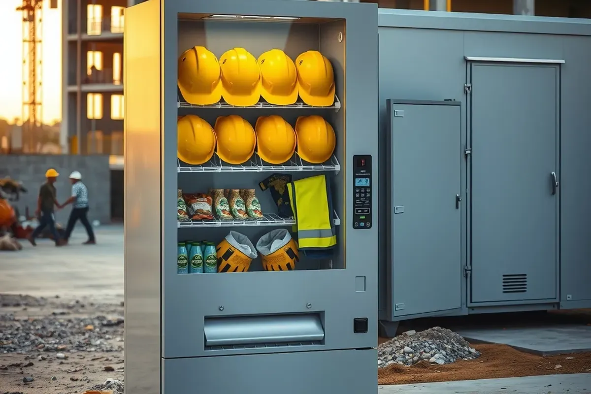 Grey construction safety vending machine holding hard hats, gloves and reflective vests beside a site office cabin at an Indian residential tower project