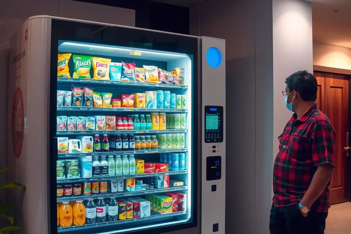 Large convenience store machine in an Indian housing society lobby at night, stocked with snacks, drinks and toiletries
