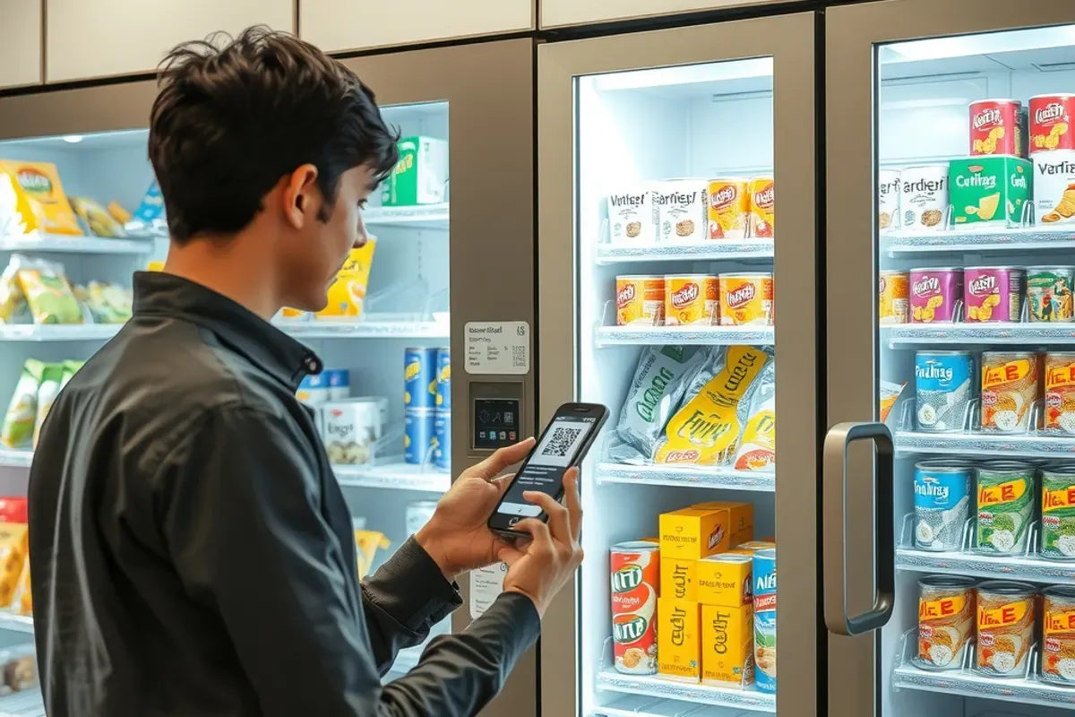 Indian office worker paying by UPI QR code at a 24x7 vending kiosk in an IT park cafeteria