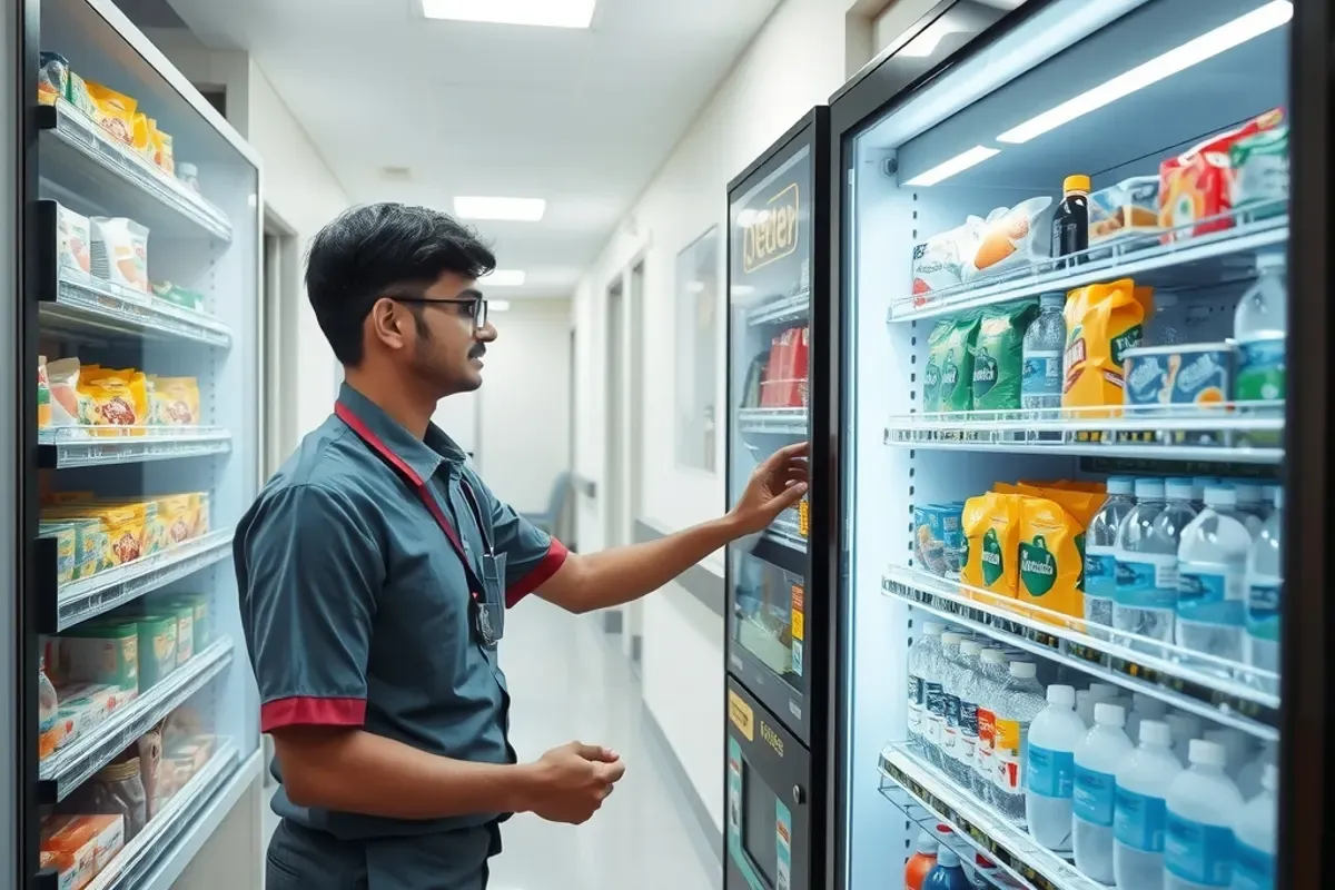 Service technician restocking an automated convenience store machine in an Indian hospital corridor