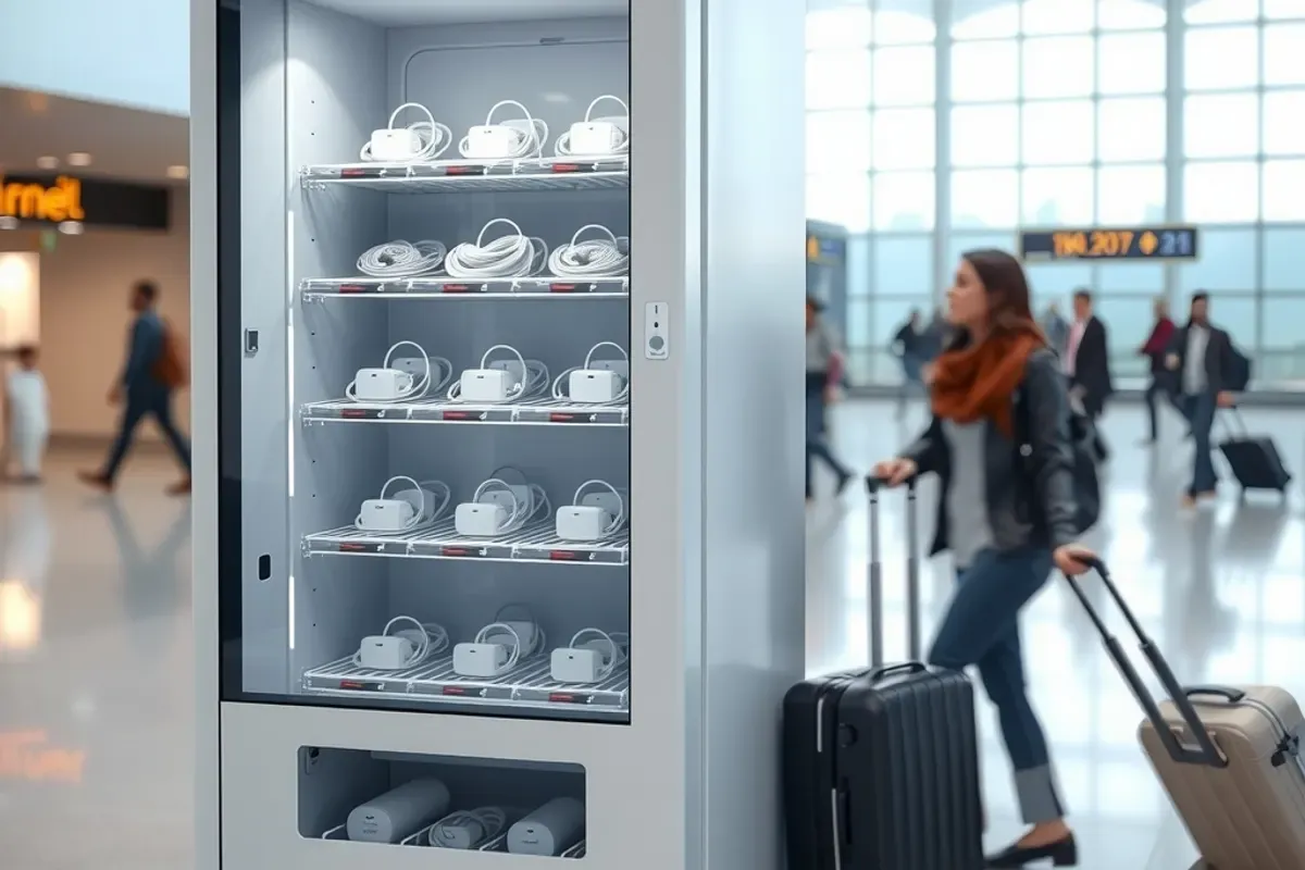 Electronics accessories vending machine with coiled charging cables and white chargers on glass shelves in a busy Indian airport terminal