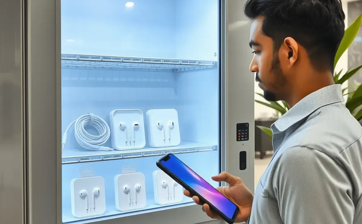 Office worker holding a smartphone to pay at an electronics accessories vending machine stocked with earphones and charging cables