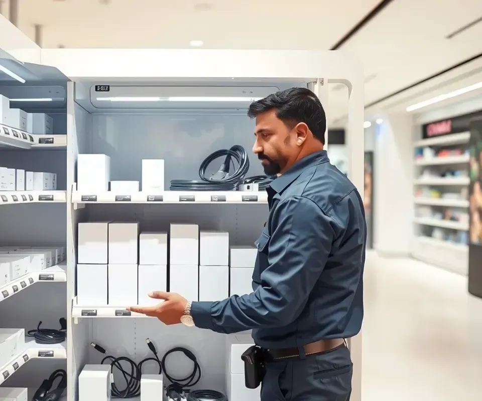 Service technician arranging boxed chargers and coiled cables inside an open vending machine in an Indian shopping mall