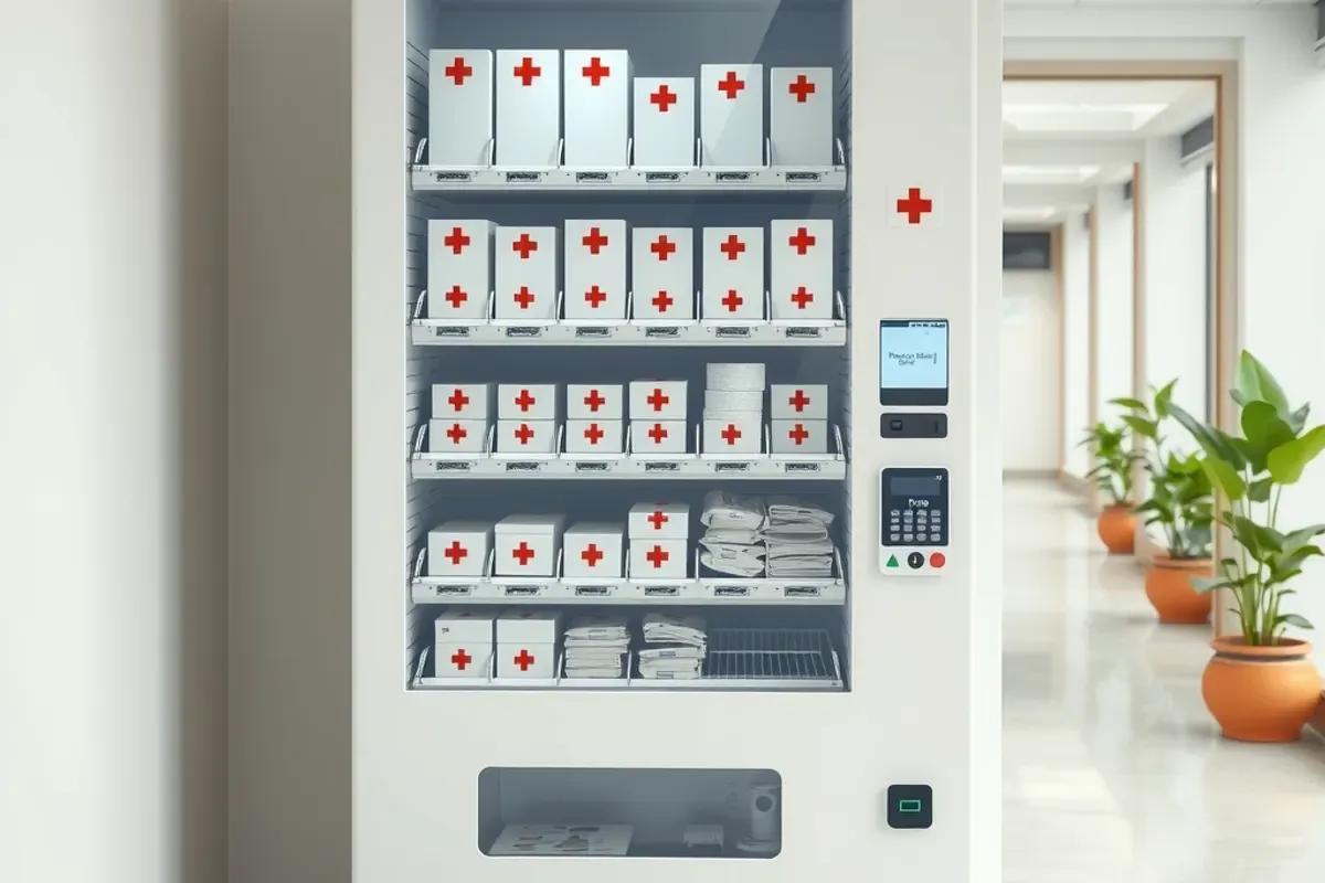 First aid vending machine with plain white boxes marked with red crosses in an Indian office corridor
