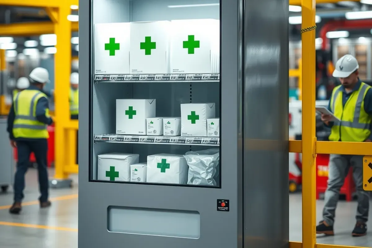 First aid vending machine with plain medical boxes near an Indian factory floor with workers in safety helmets