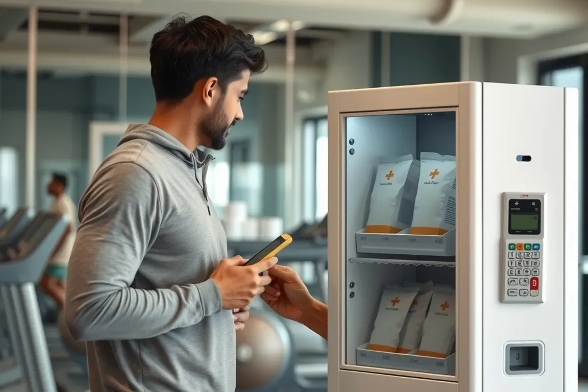 Young man paying by phone QR scan at a compact first aid vending machine inside an Indian gym