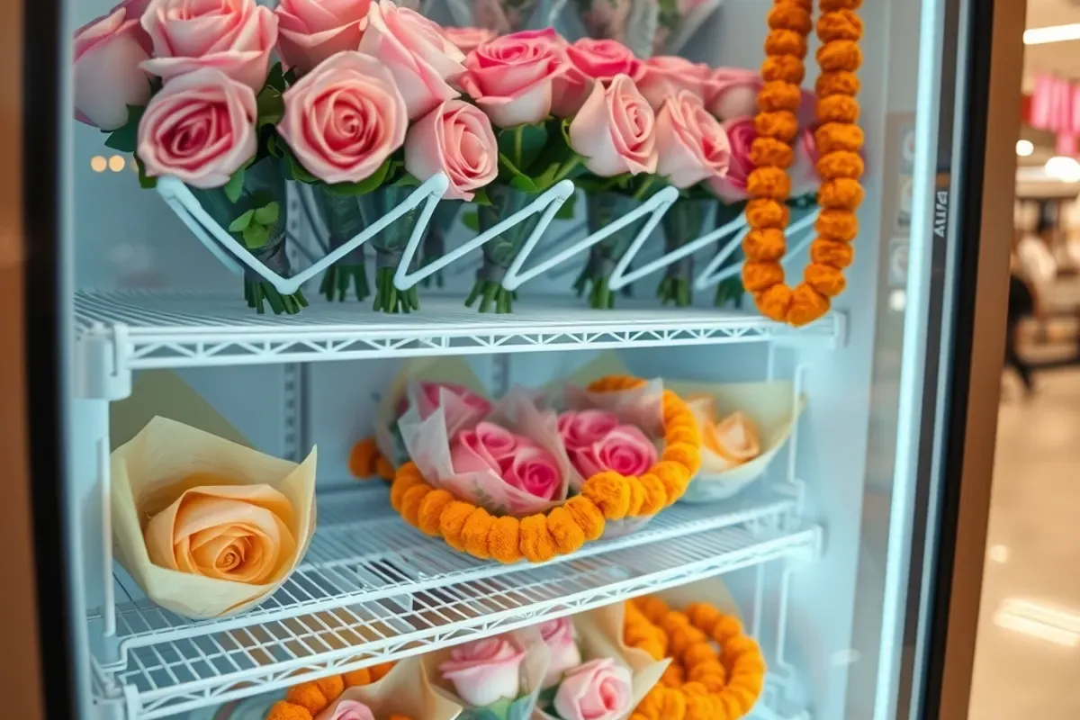 Flower vending machine with rose bouquets and marigold garlands on chilled shelves