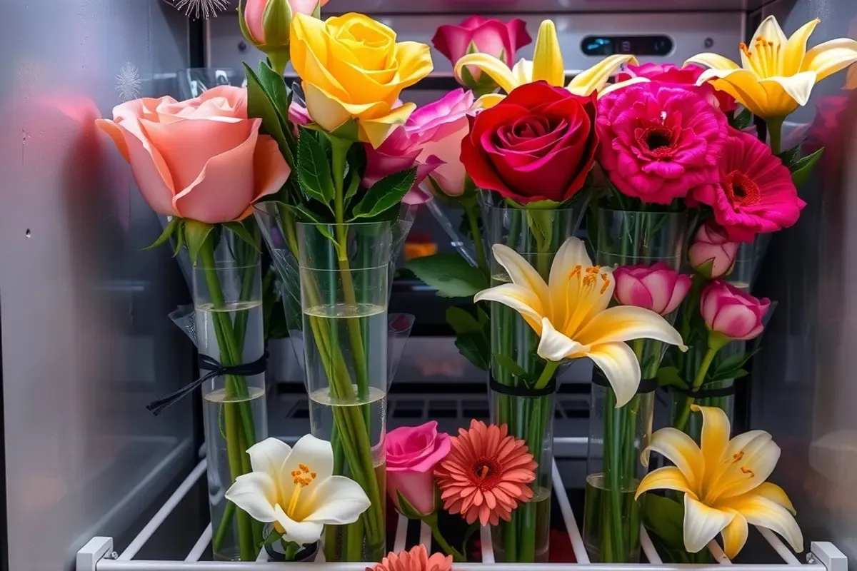 Fresh roses, lilies and gerberas in water tubes inside a chilled vending compartment