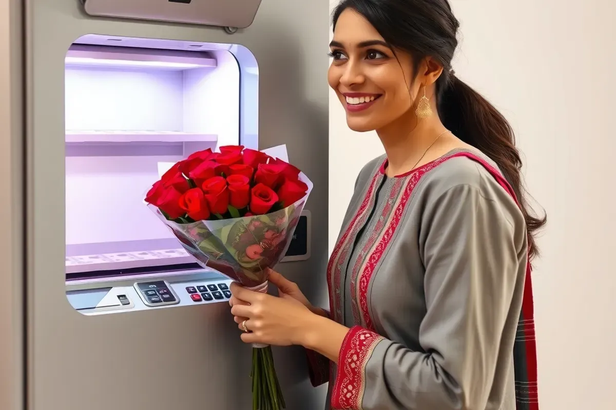Smiling woman collecting a red rose bouquet from the pickup bay of a vending machine