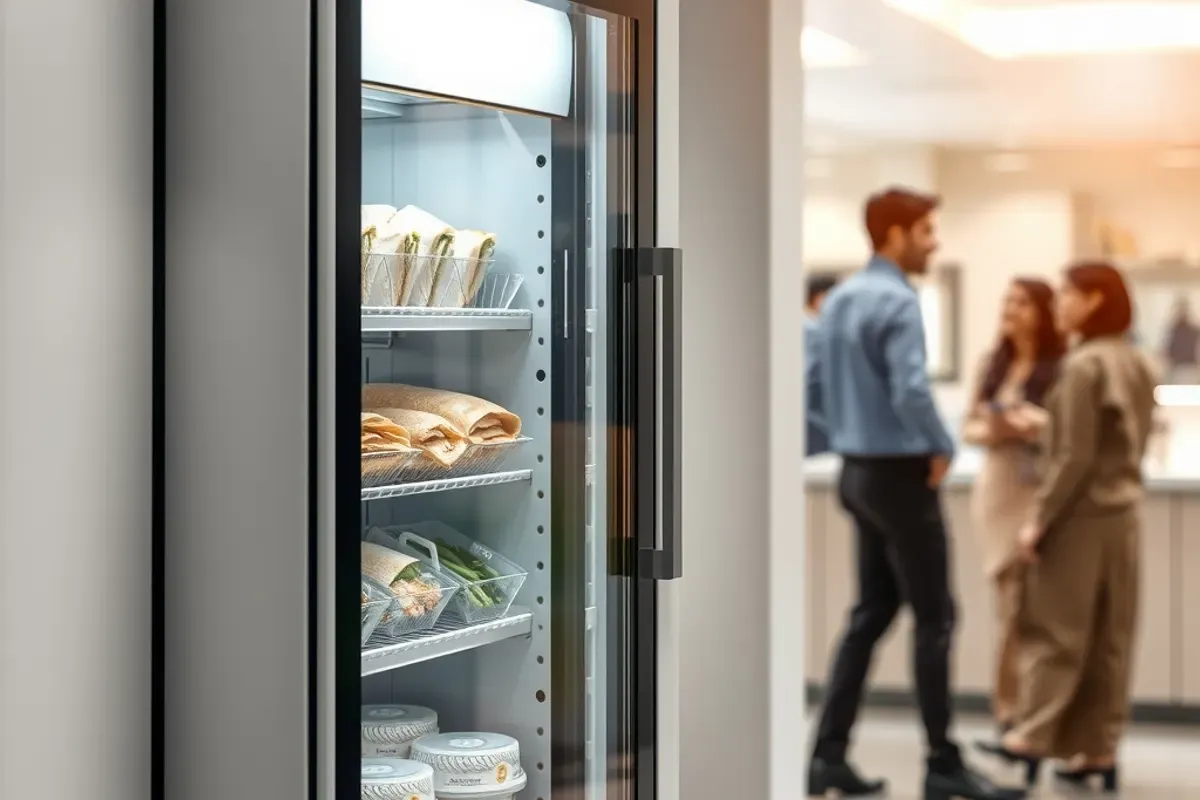 Fresh food vending machine with packaged sandwiches and salads in a modern Indian office pantry