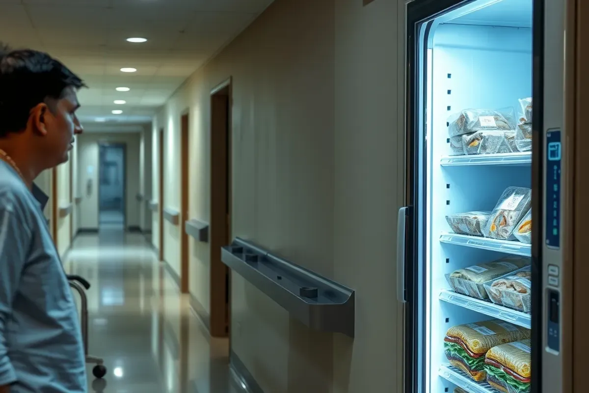 Chilled vending machine with ready-to-eat meals in an Indian hospital corridor at night