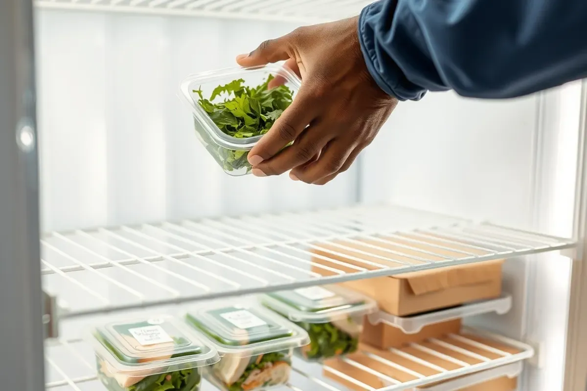 Staff member restocking a refrigerated fresh food vending machine with sealed sandwich and salad packs
