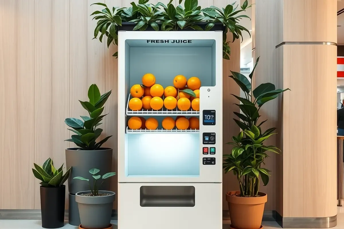 A fresh juice vending machine with whole oranges behind glass in a modern Indian mall atrium