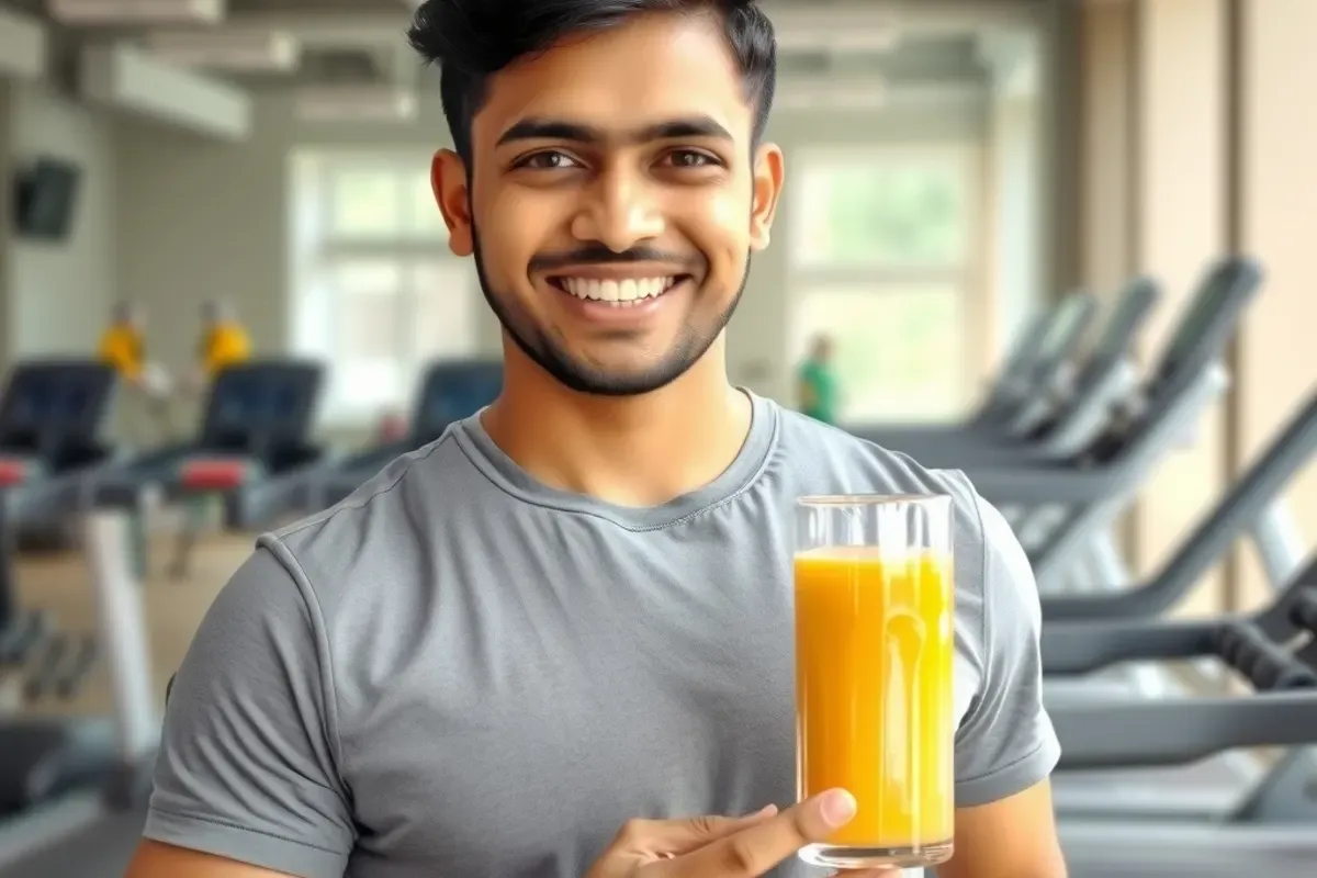 A smiling young man holding a glass of fresh orange juice in a modern Indian gym
