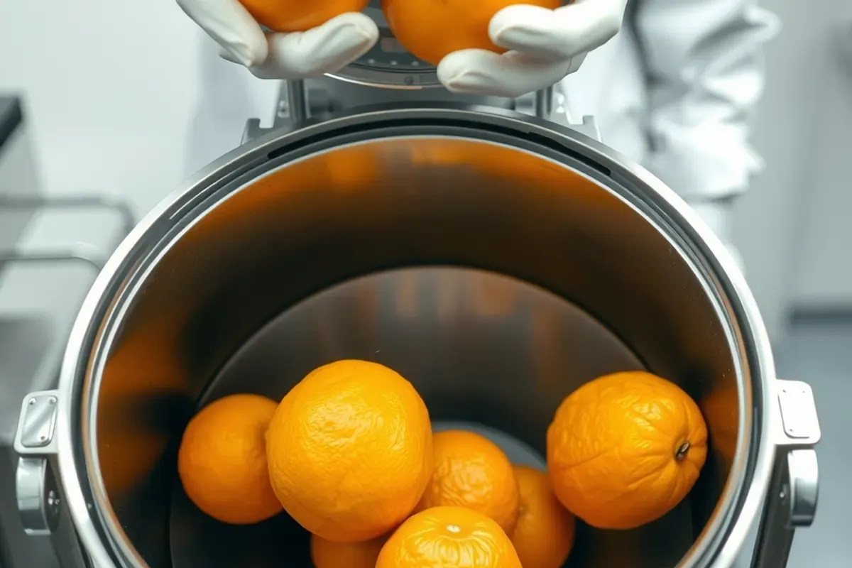 A technician in gloves loading whole oranges into the clean steel hopper of a juice machine
